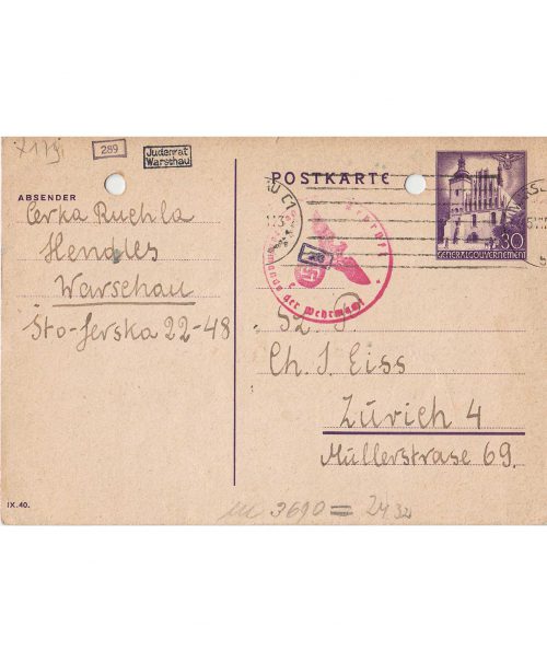 <p>Postcard addressed to Chaim Eiss with a request for help<br />
<small>Państwowe Muzeum Auschwitz Birkenau ZWEiss56 </small></p>
